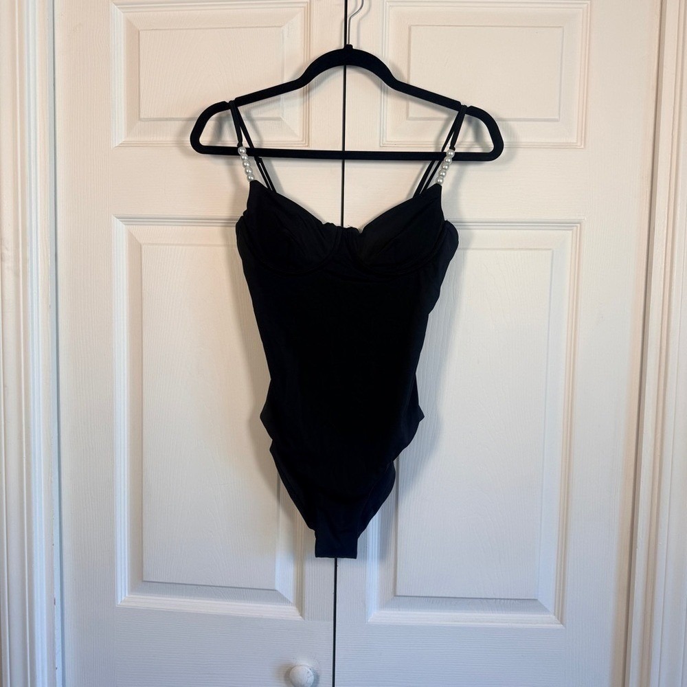 Aqua Faux Pearl Underwire One Piece Swimsuit BLACK XL